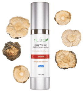 Maca Wild Yam Libido Cream for Men 1.7 ounce bottle surrounded by slices of dried yam and maca
